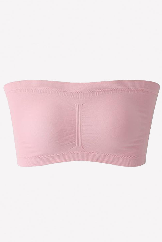 Pink strapless bandeau bra, wireless seamless tube top with center seam detail