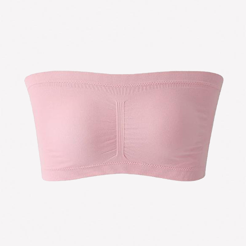 Pink strapless bandeau bra, wireless seamless tube top with stitched center seam