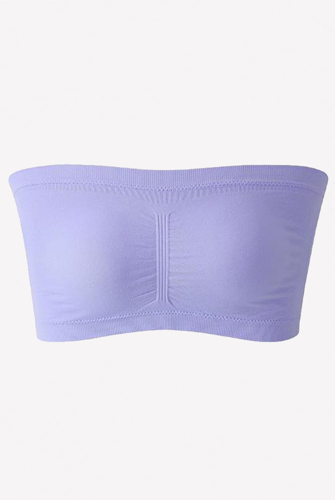 Lavender strapless bandeau bra, wireless seamless tube top with center seam detail