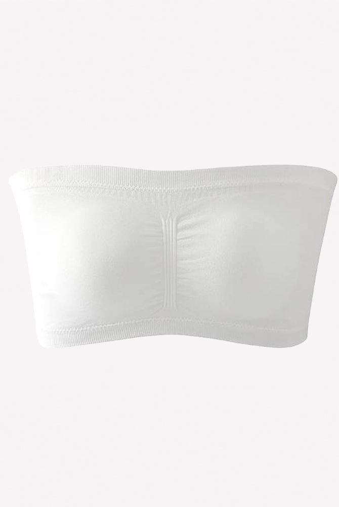 White strapless bandeau bra, wireless seamless tube top with center seam detail