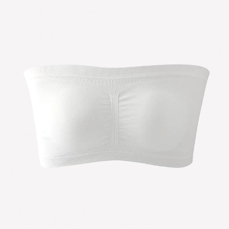 White strapless bandeau bra, wireless seamless tube top with stitched center seam