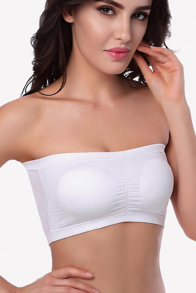 White strapless bandeau bra with seamless tube design, wireless front and wide band.