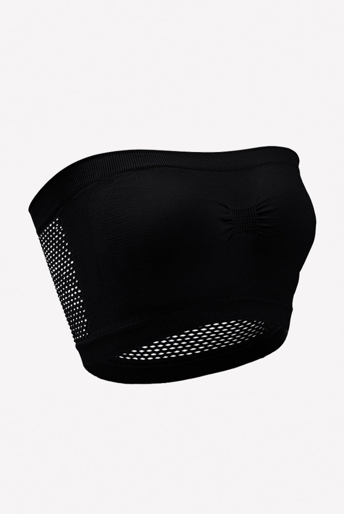 Black strapless bandeau bra with mesh side panels and eyelet trim