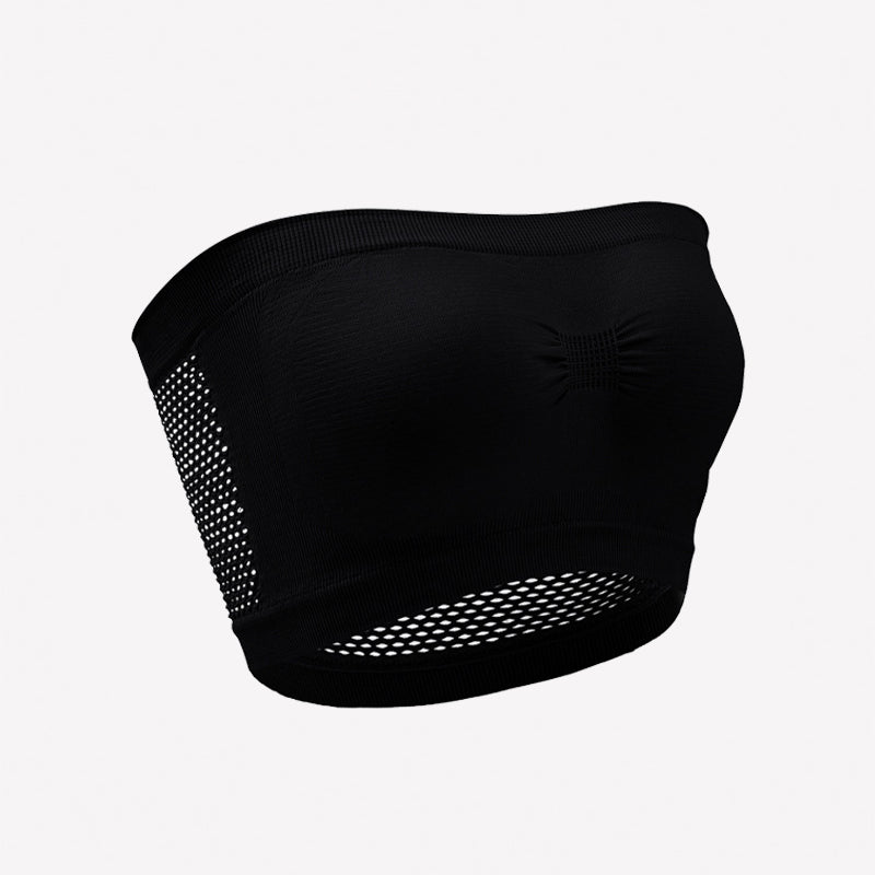 Black strapless bandeau bra with mesh side panels and eyelet trim