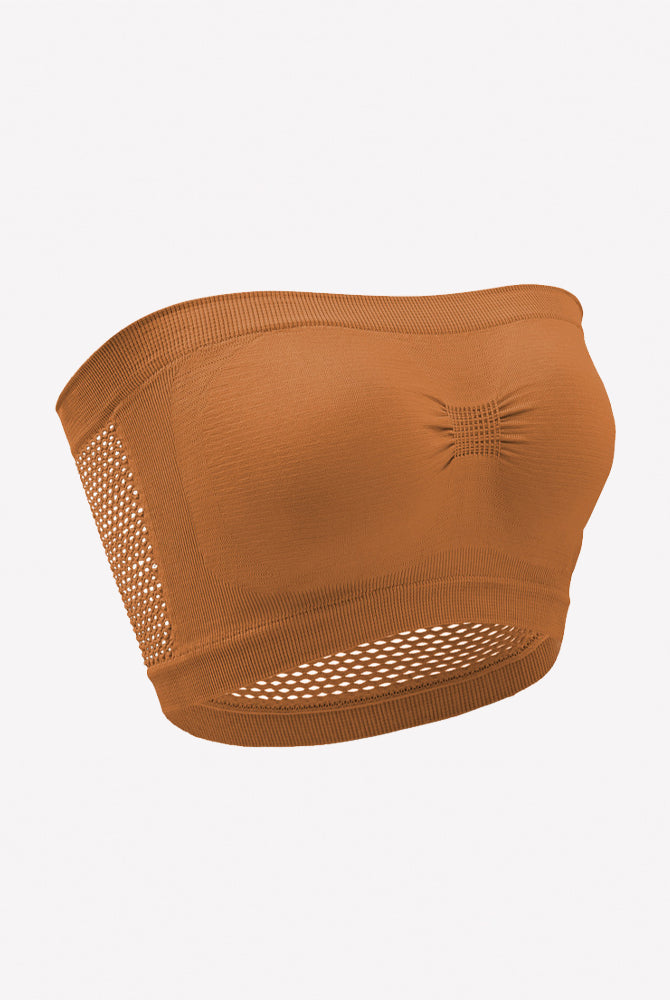 Coffee-brown strapless bandeau bra with mesh side panels and eyelet trim