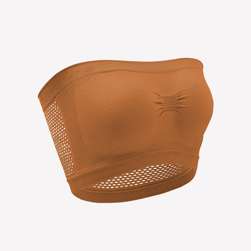 Coffee-brown strapless bandeau bra with mesh side panels and eyelet trim