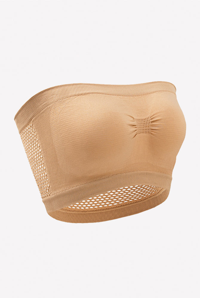 Skin-toned strapless bandeau bra with mesh side panels and eyelet detail