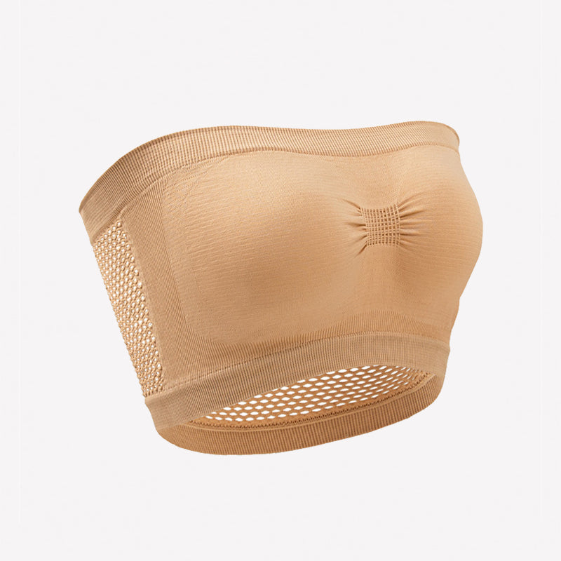 Skin-toned strapless bandeau bra with mesh side panels and eyelet detail