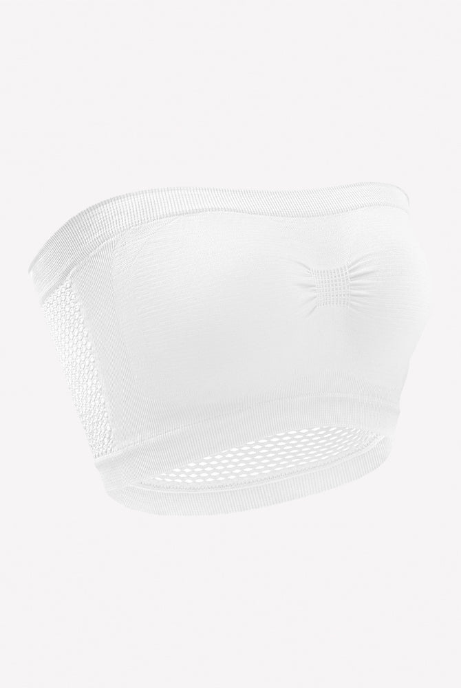 White strapless bandeau bra with mesh side panels and eyelet trim