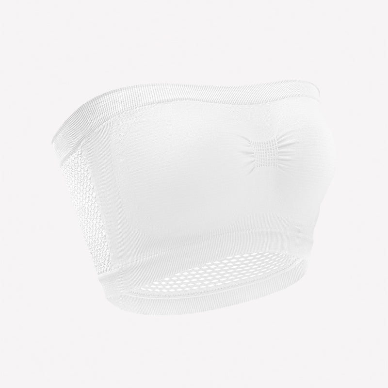 White strapless bandeau bra with mesh side panels and eyelet trim