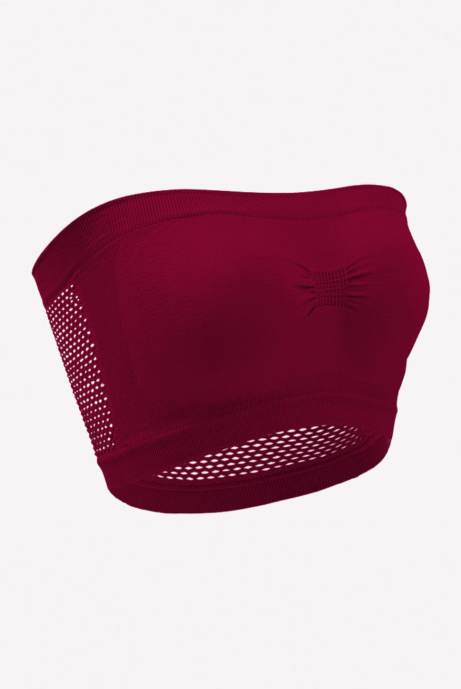 Wine-red strapless bandeau bra with mesh side panels and eyelet trim