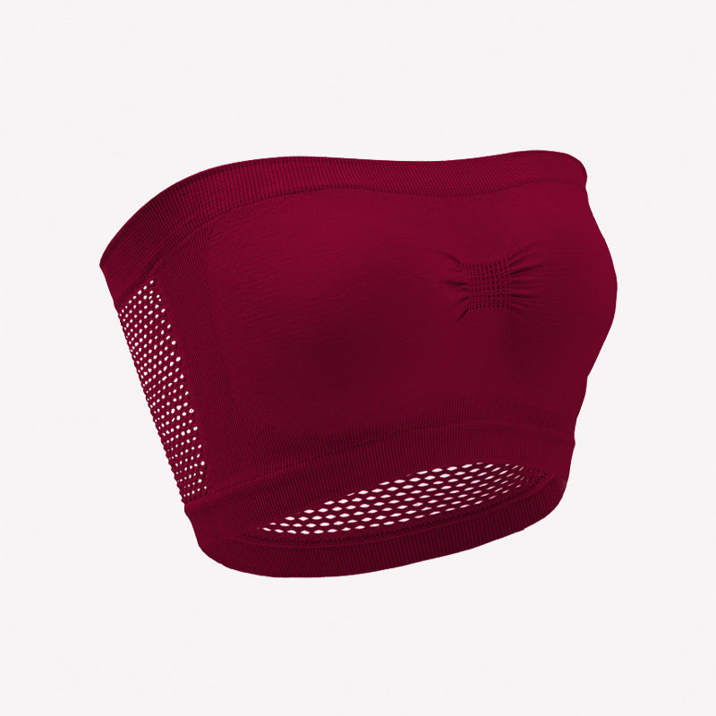Wine-red strapless bandeau bra with mesh side panels and eyelet trim
