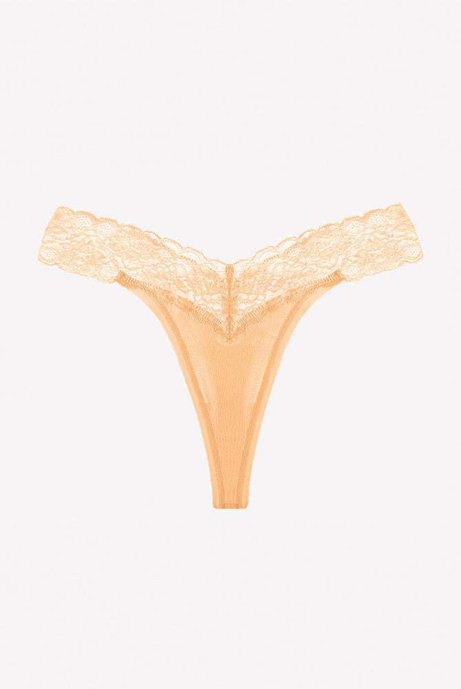 Apricot V-shape lace thong panties with lace waistband and sheer front
