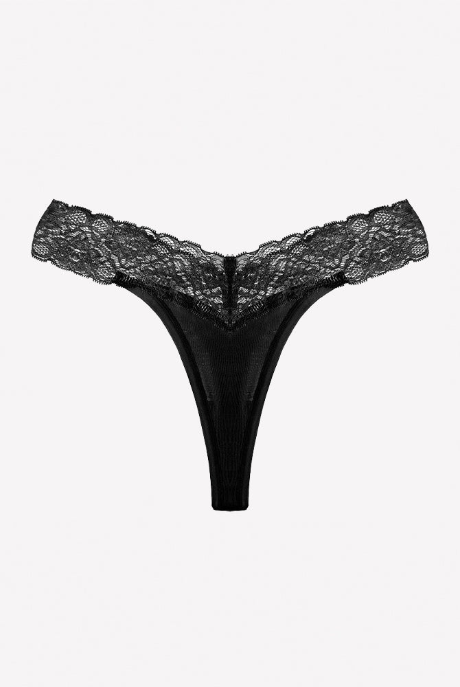 Black V-shape lace thong panties with lace waistband and sheer body