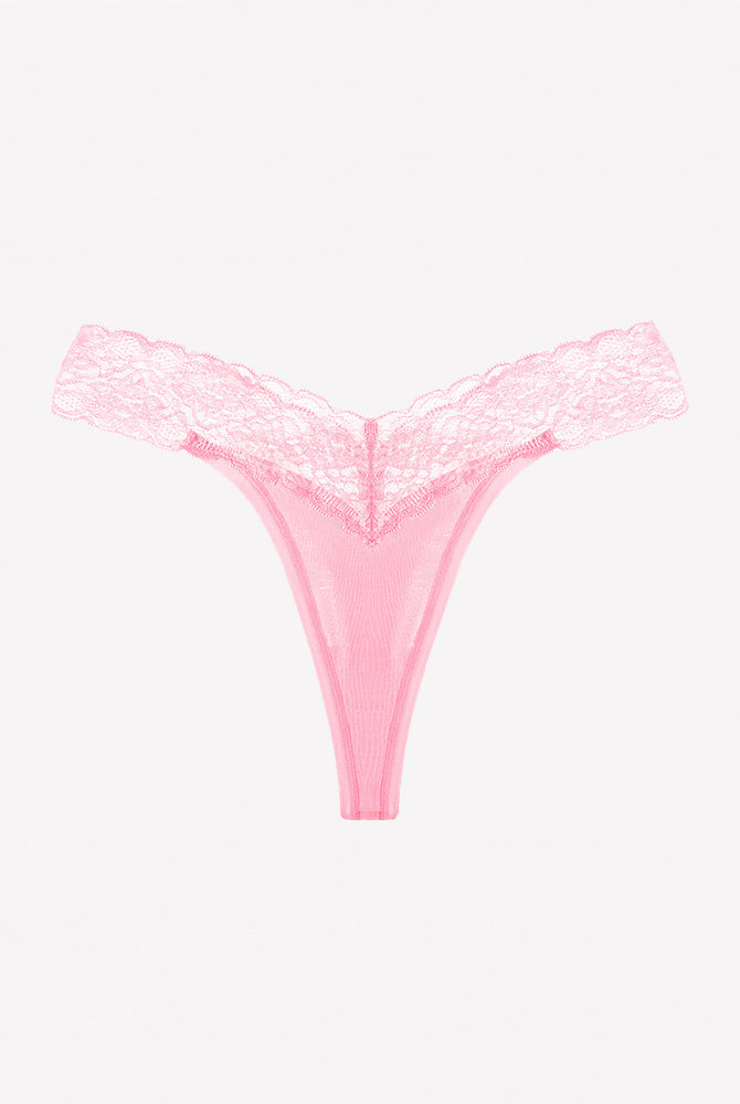 Pink V-shape lace thong panties with floral lace waistband