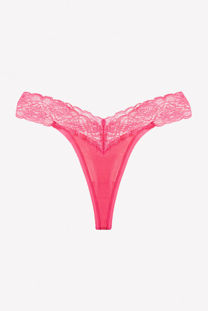 Pink V-shape lace thong panties with floral lace on waistband and sides
