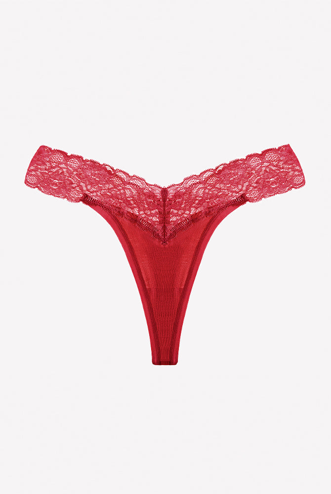 Red V-shape lace thong panties with floral lace waistband and sheer front