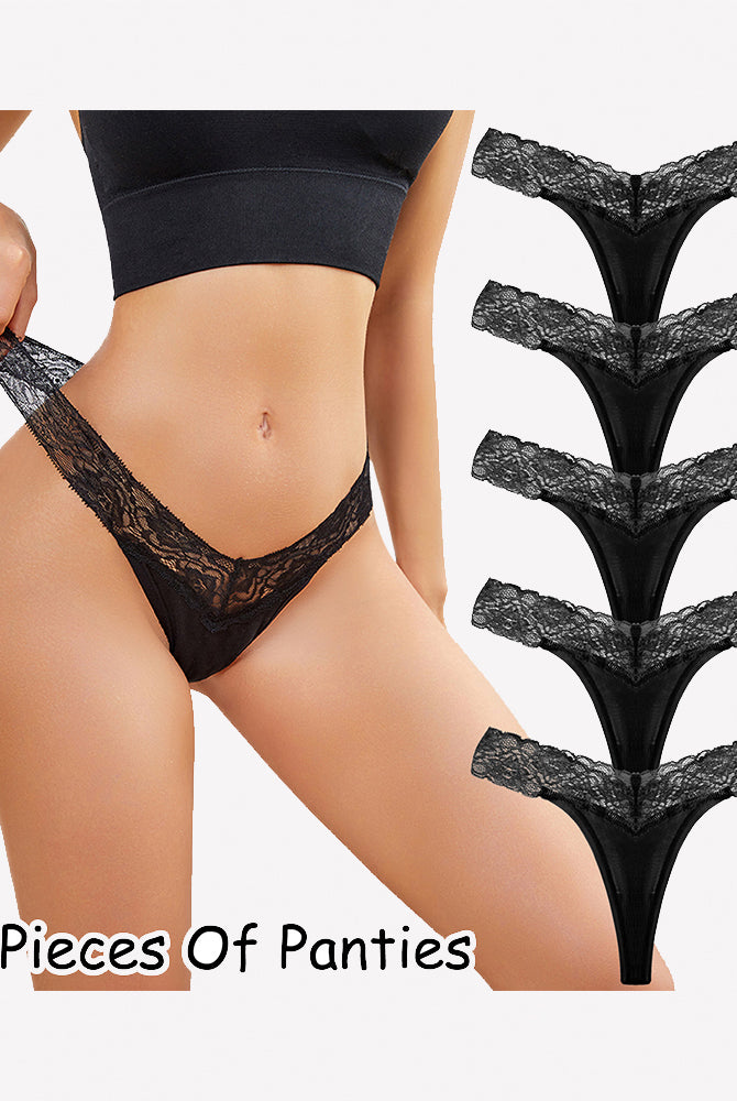 Black lace thong panties, low-rise V-shape, set of five