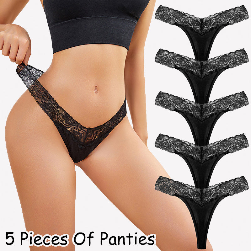 Black floral lace thong panties, low-rise V-shape, five-pack