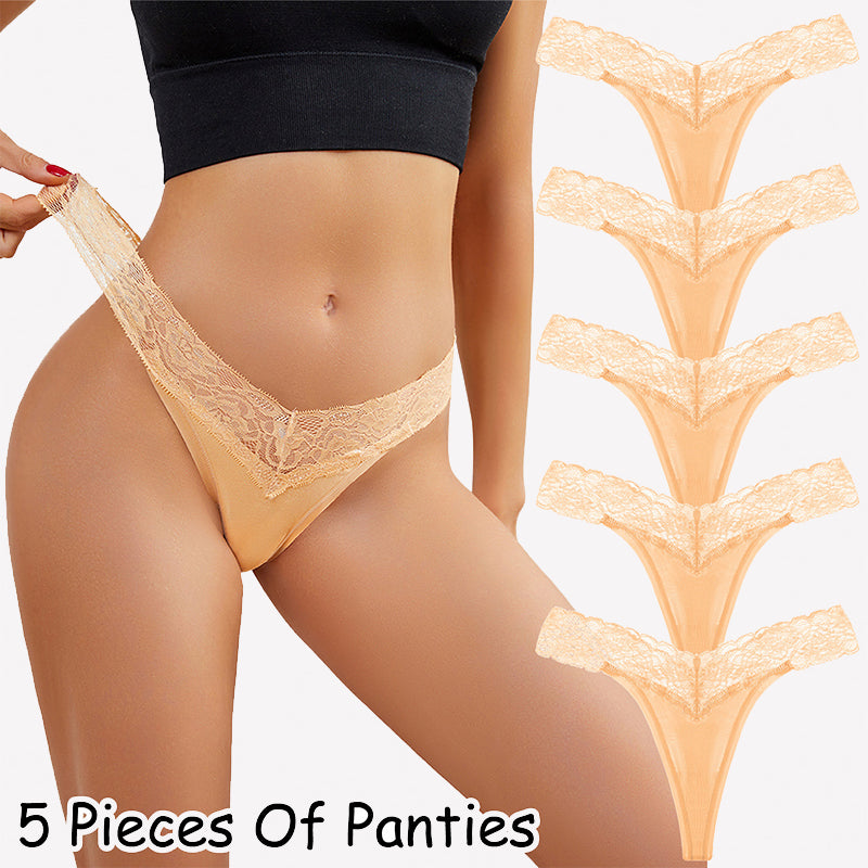 Apricot floral lace thong panties, low-rise V-shape, five-pack