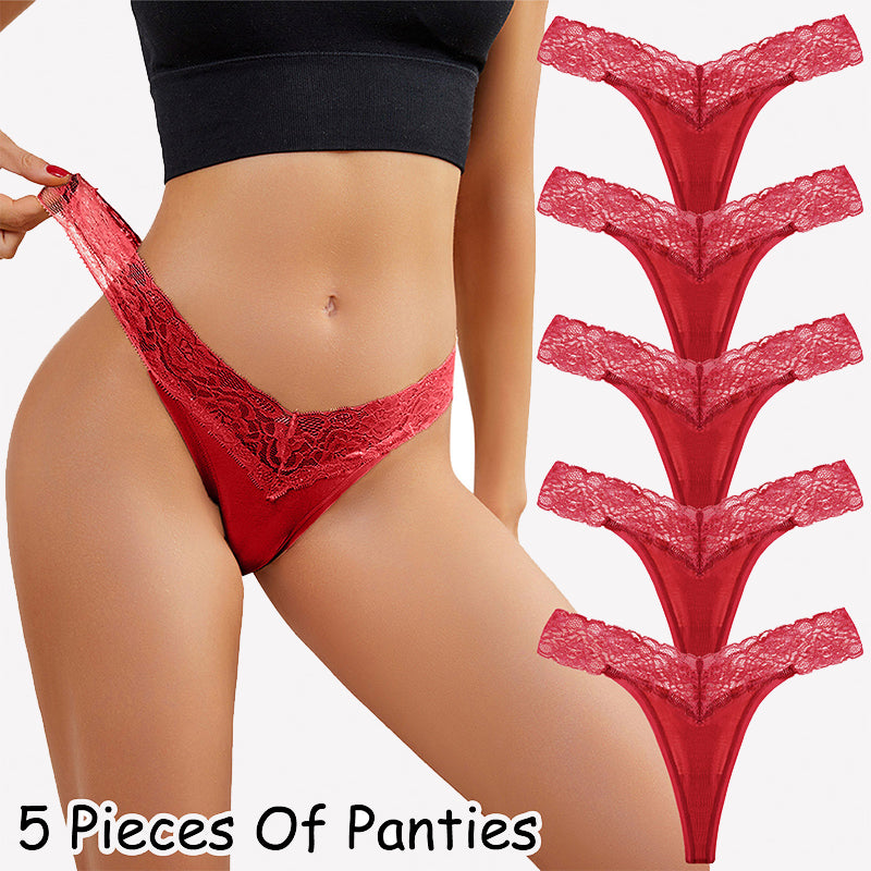 Red floral lace thong panties, low-rise V-shape, five-pack