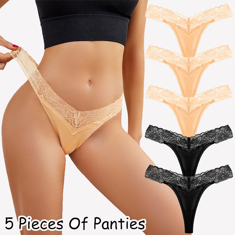 Apricot and black floral lace thong panties, low-rise V-shape, five-pack