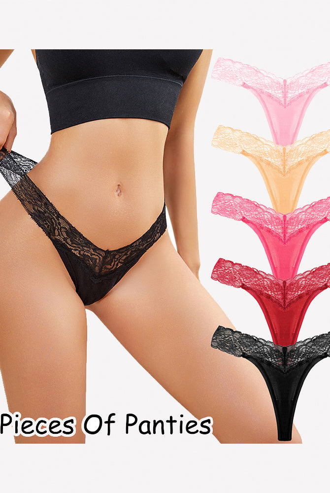 Pink and black lace thong panties, low-rise V-shape, set of five