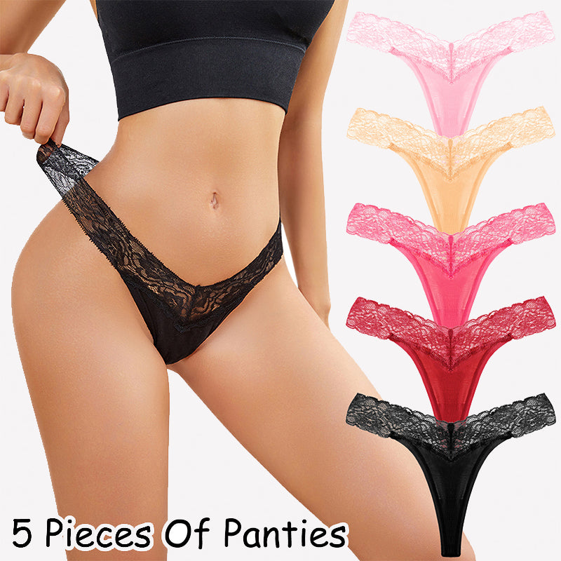 Pink floral lace thong panties, low-rise V-shape, five-pack