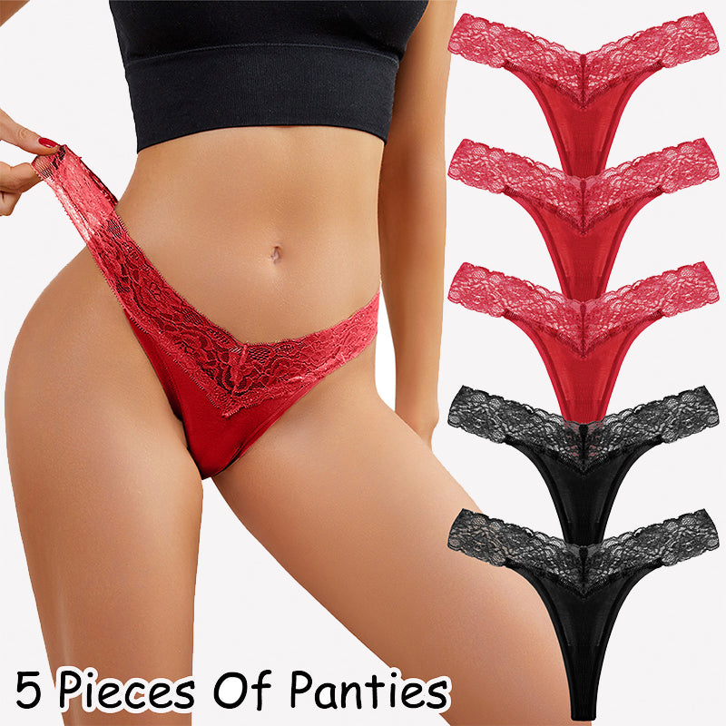 Wine red floral lace thong panties, low-rise V-shape, five-pack