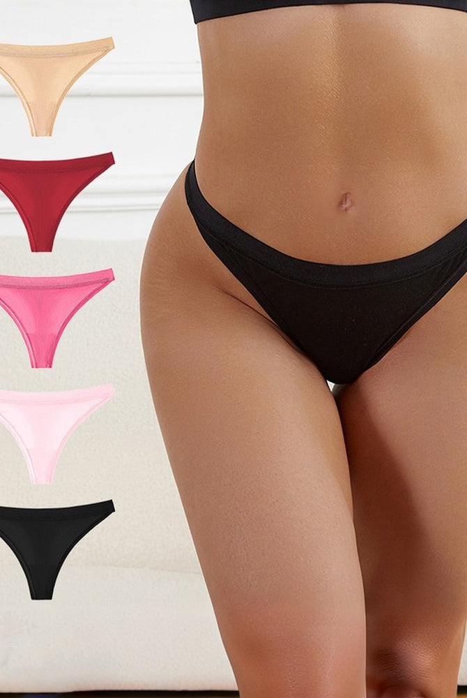 Low-rise seamless thong panties in assorted colors: black, pink, red, apricot