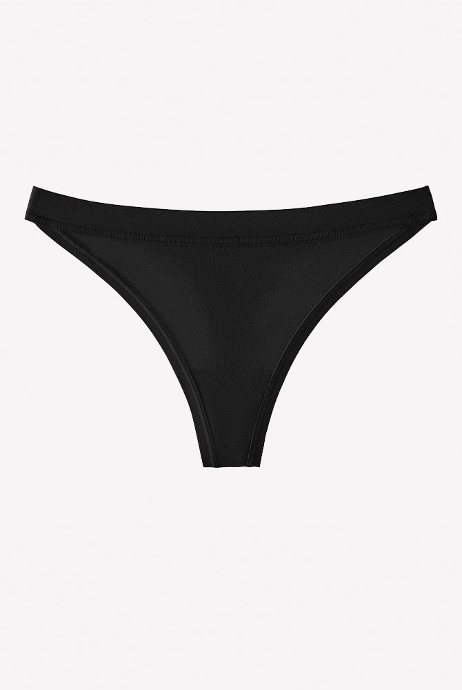 Low-rise seamless thong panties, black, cotton knit, minimal coverage