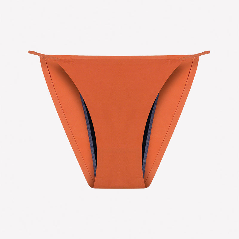 Leakproof period panties in orange, low-rise brief with blue vertical inner panels