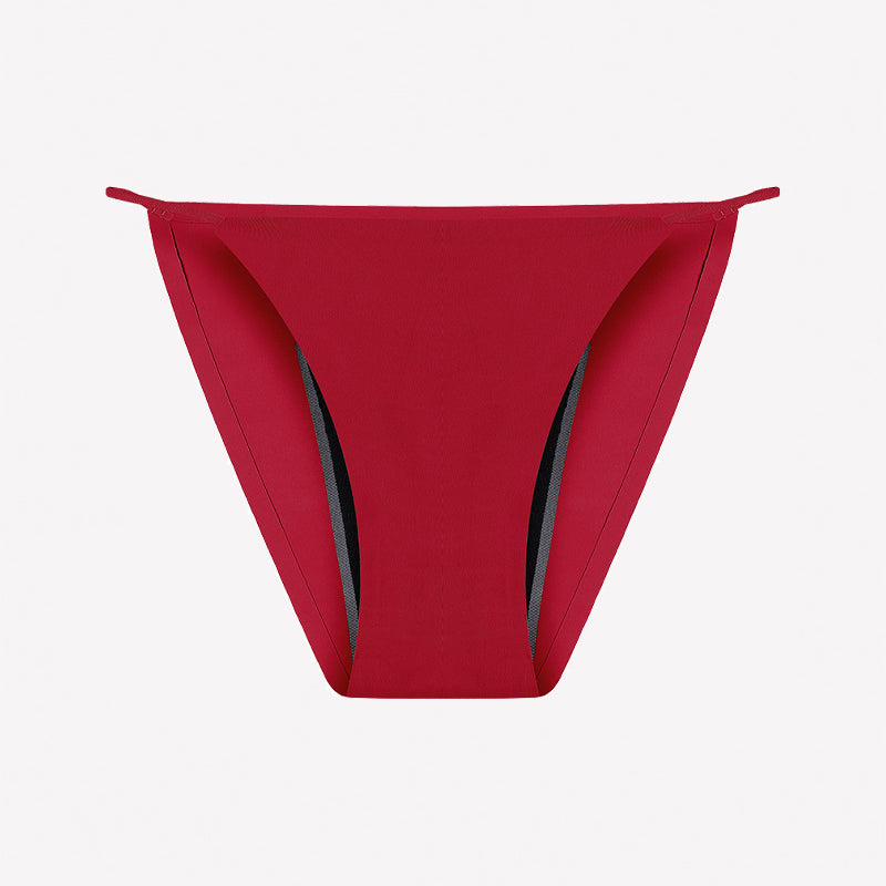 Leakproof period panties in deep red with black inner panels and curved leg openings