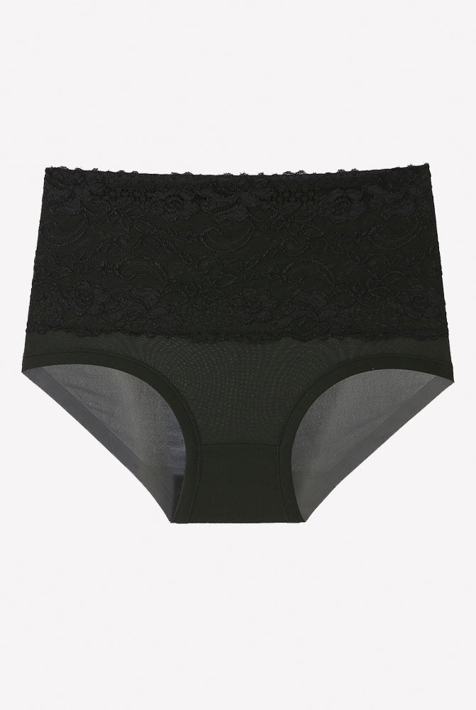 High-waisted black floral lace full-coverage briefs with lace waistband