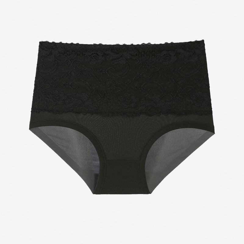 High-waisted black floral lace full-coverage briefs with lace waistband