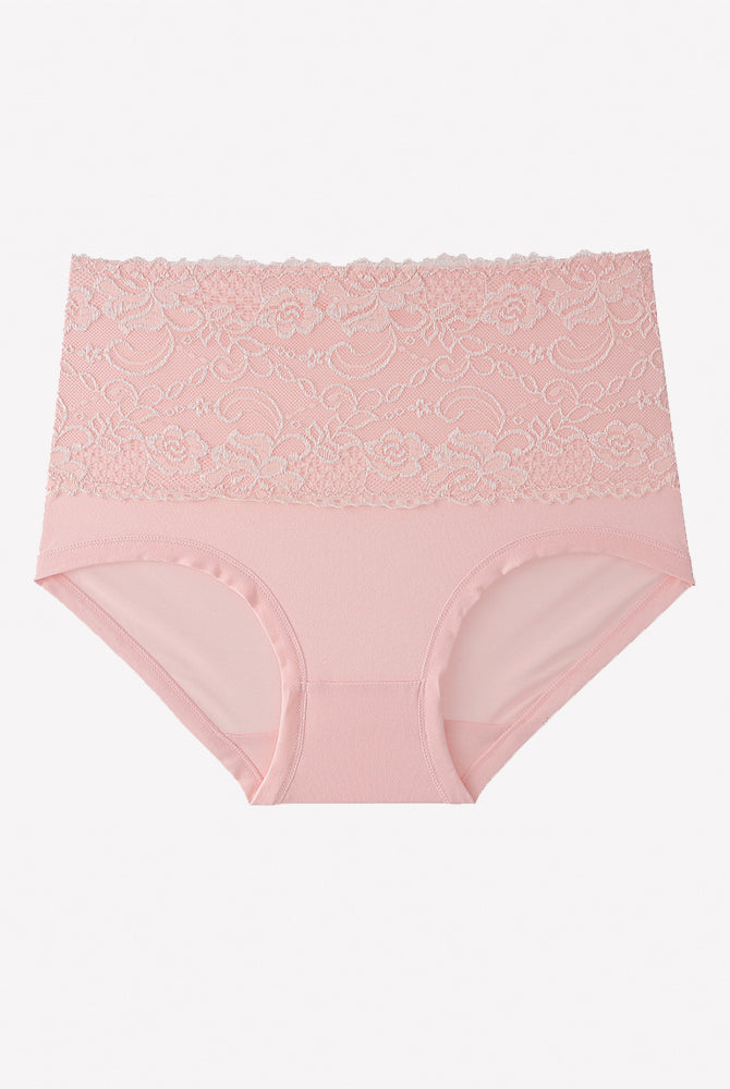 High-waisted pink floral lace full-coverage briefs with lace waistband