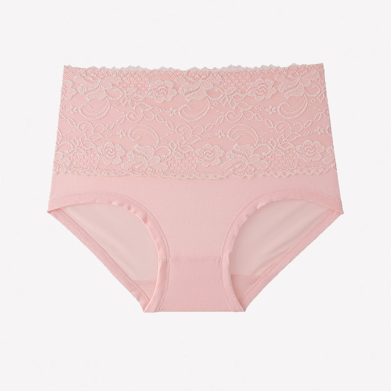High-waisted pink floral lace full-coverage briefs with lace waistband