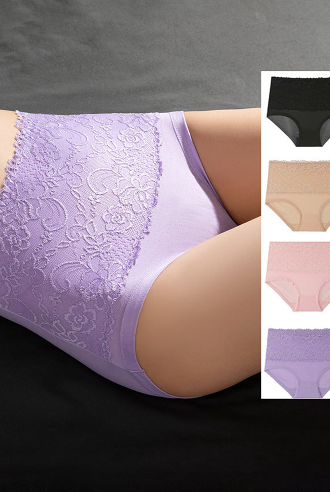 High-waisted purple floral lace briefs, full coverage, shown with multiple color options