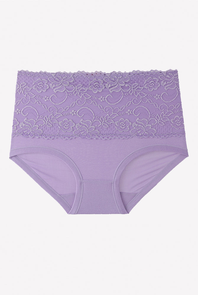 High-waisted purple floral lace full-coverage briefs with lace waistband