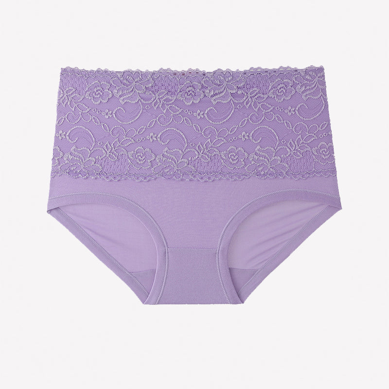 High-waisted purple floral lace full-coverage briefs with lace waistband