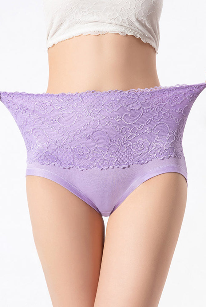 High-waisted purple floral lace briefs, full coverage with lace waist band