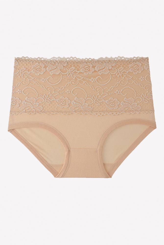High-waisted nude beige floral lace full-coverage briefs with lace waistband