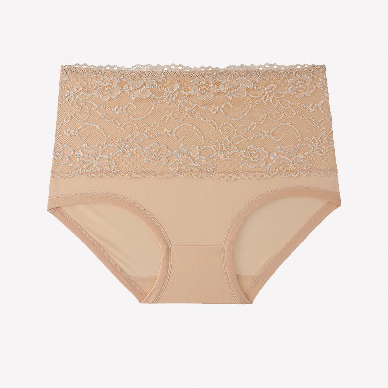 High-waisted nude beige floral lace full-coverage briefs with lace waistband