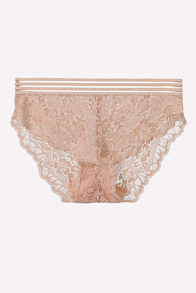 Apricot high-rise lace panties with floral sheer pattern and striped waistband
