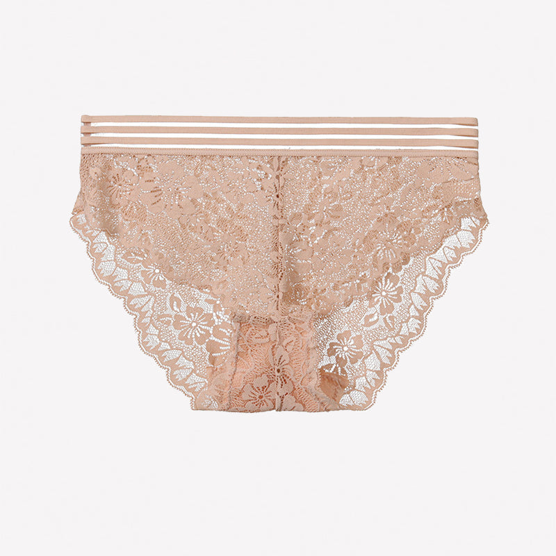 Apricot lace high-rise panties with striped waistband and scalloped edges