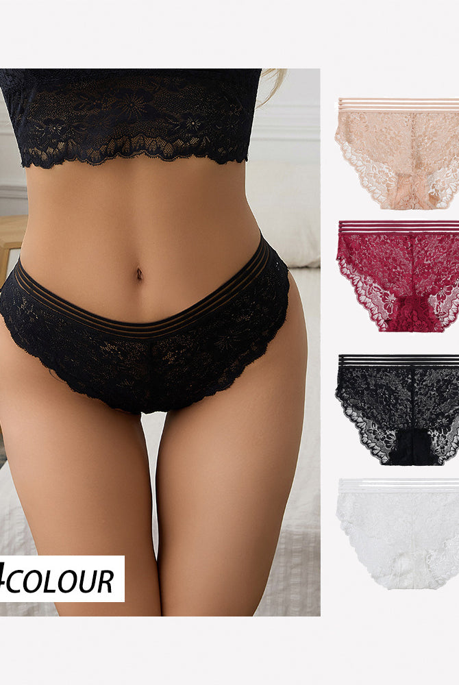 Set of 4 lace high-rise briefs in black, apricot, red, and white with striped waistbands