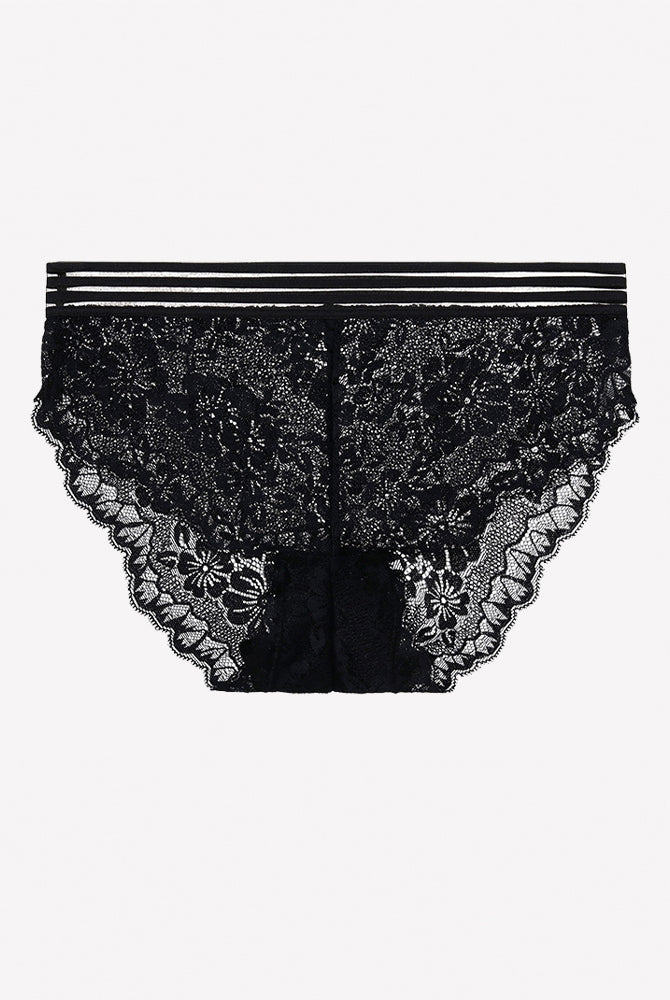 Black high-rise lace panties with floral sheer texture and striped waistband