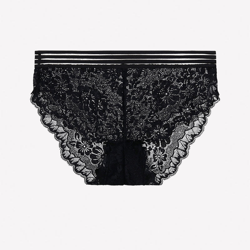 Black lace high-rise panties with striped waistband and scalloped edges