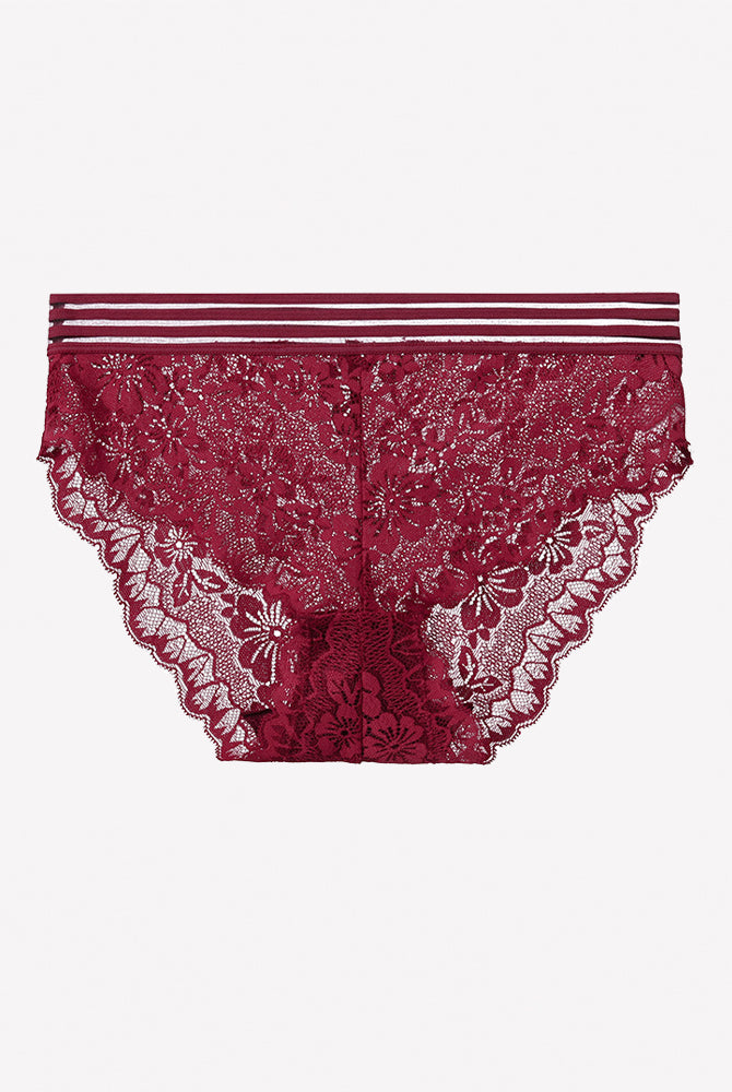 Red high-rise lace panties with floral sheer pattern and striped waistband