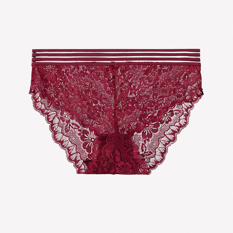 Red lace high-rise panties with striped waistband and scalloped lace trim